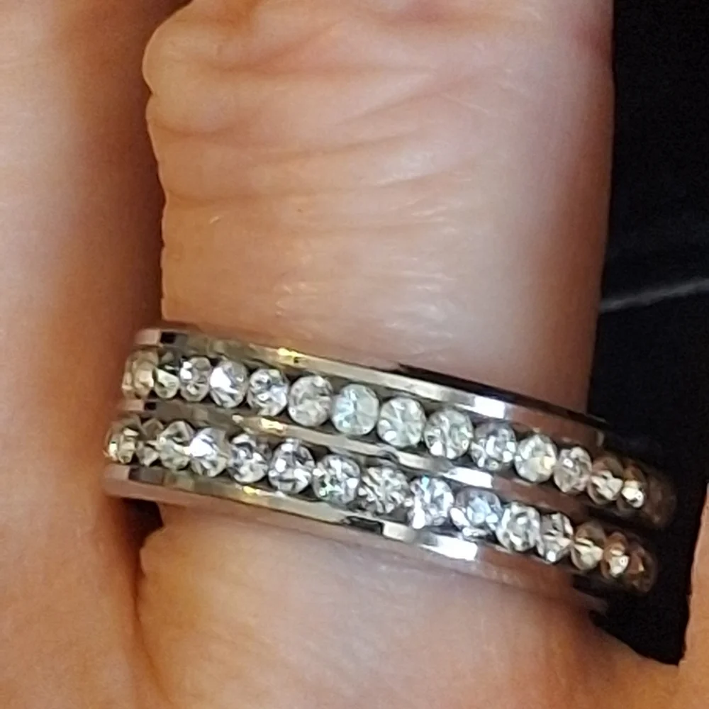 Silvertone Cigar Band Ring With Faux Diamonds Size 11 3/4
